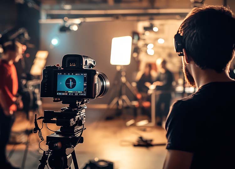 A small business video production studio with a team setting up cameras and lighting, professional atmosphere with high-end equipment
